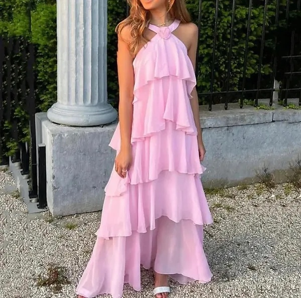 Pink Flower Detail Layered Ruffle Backless Maxi Dress Elegant