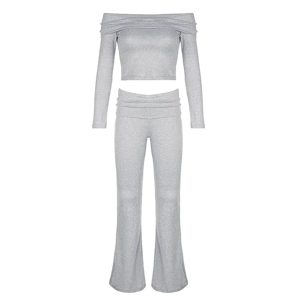 Off Shoulder Crop Top and Casual Pants Set