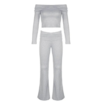 Off Shoulder Crop Top and Casual Pants Set