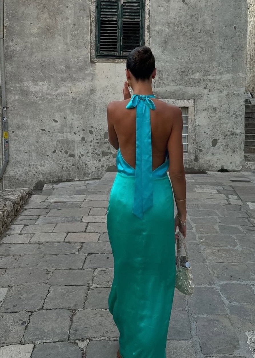 Blue Green Backless Sleeveless Summer Halter Maxi Dress