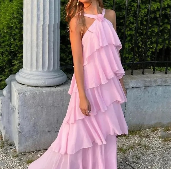 Pink Flower Detail Layered Ruffle Backless Maxi Dress Elegant