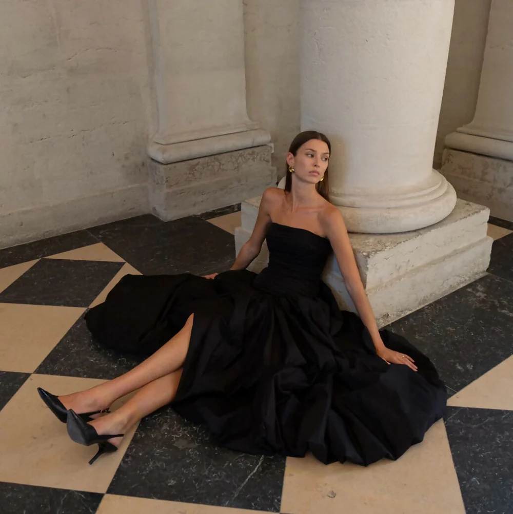 Black Strapless Occasion Elegant Gown Bubble Maxi Dress