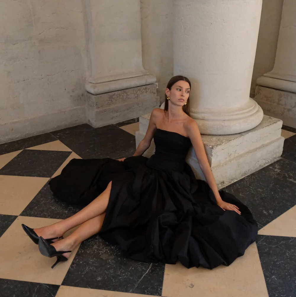 Black Strapless Occasion Elegant Gown Bubble Maxi Dress