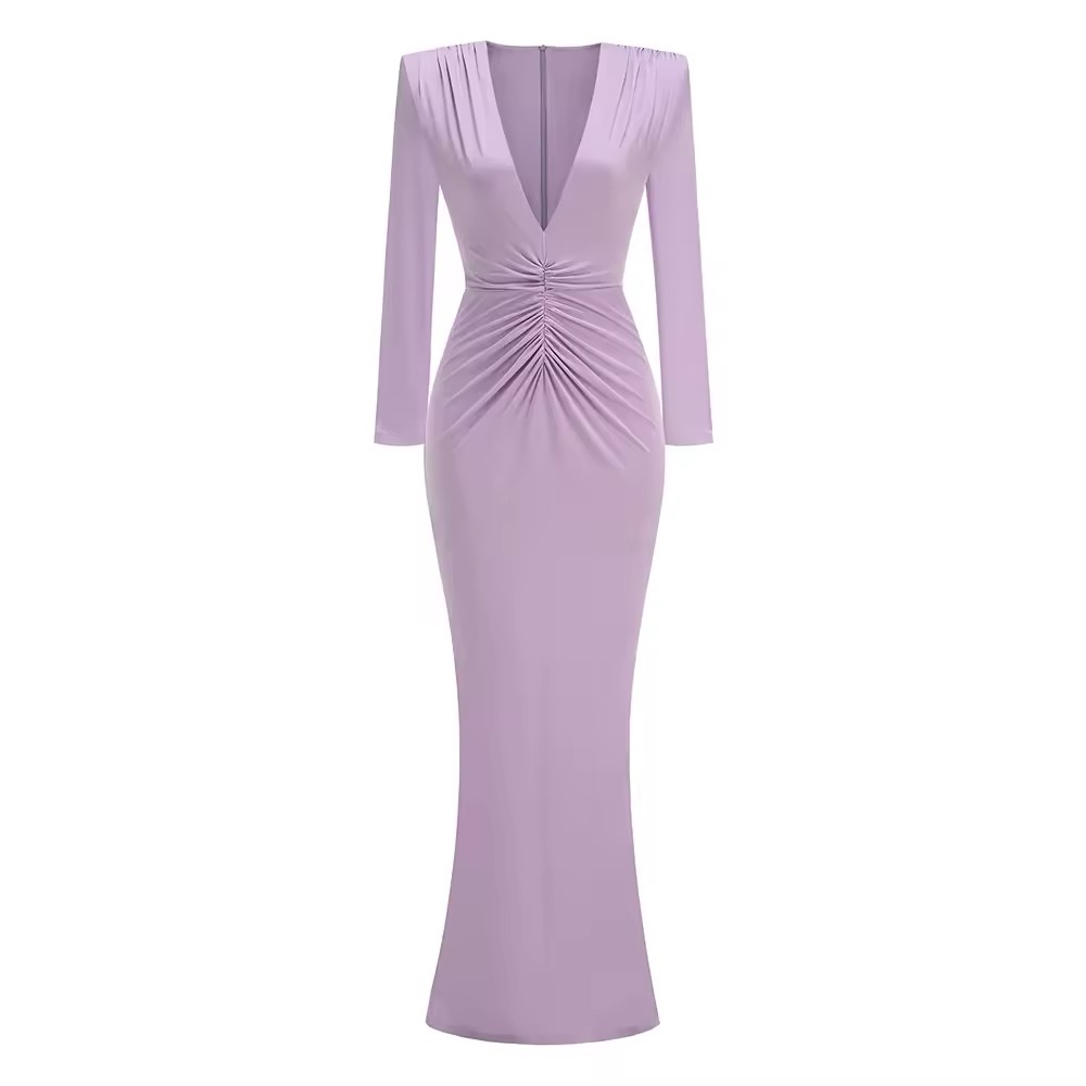 Deep V Neck Long Sleeve Elegant Bodycon Maxi Dress