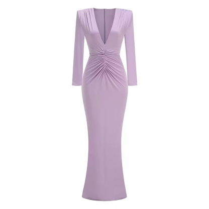 Deep V Neck Long Sleeve Elegant Bodycon Maxi Dress