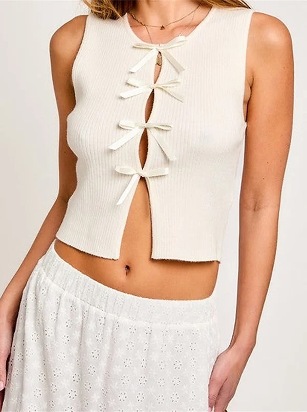 Knitted Cropped Tank Top Lage Up Bow Detail