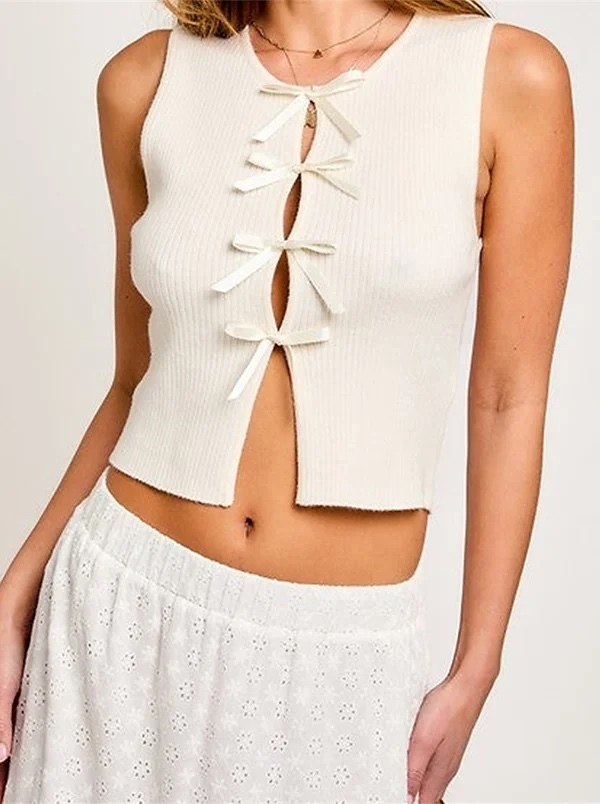 Knitted Cropped Tank Top Lage Up Bow Detail