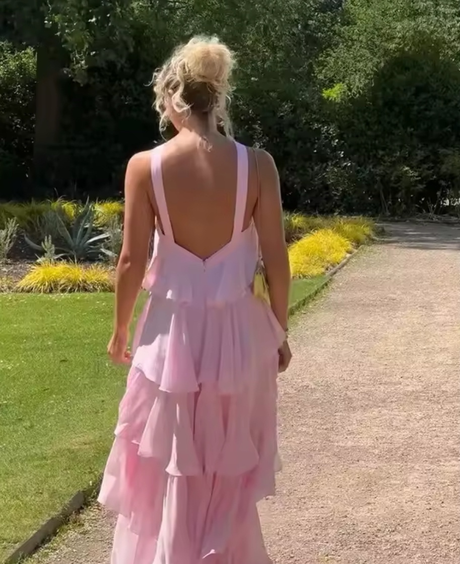 Pink Flower Detail Layered Ruffle Backless Maxi Dress Elegant