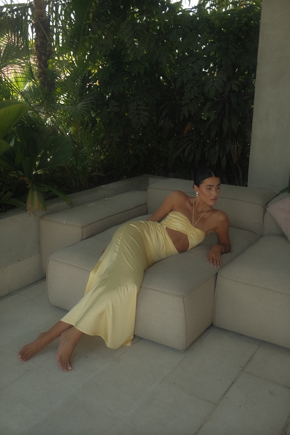 Yellow Silk Halter Cut Out Occasion Formal Maxi Dress