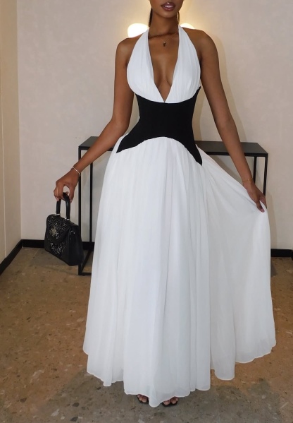 Two Tone Contrast V Neck Halter A Line Maxi Dress