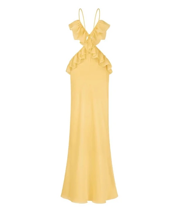 Yellow V Neck Ruffle Maxi Dress