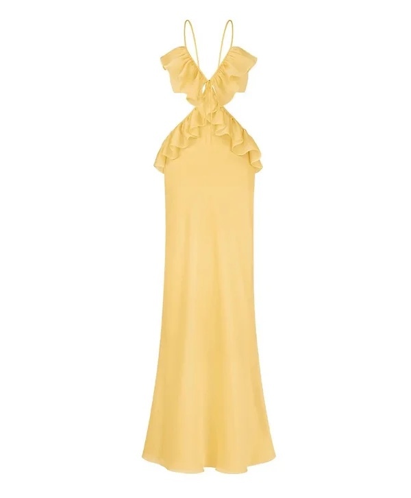 Yellow V Neck Ruffle Maxi Dress