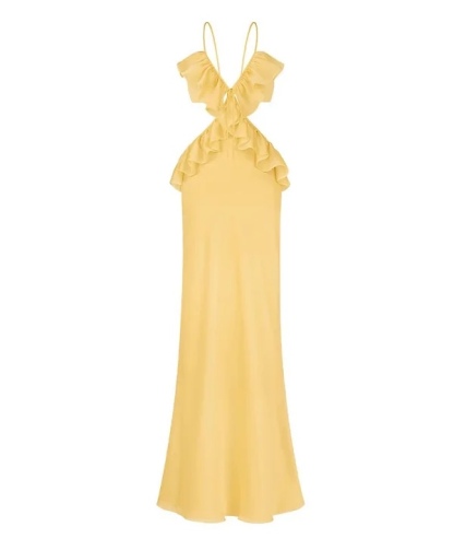 Yellow V Neck Ruffle Maxi Dress
