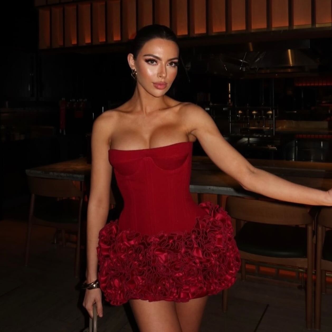 Red Flower Detail Strapless Corset Style Mini Dress