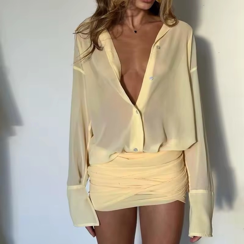 Yellow Long Sleeve Blouse Skirt Two Piece Mini Set