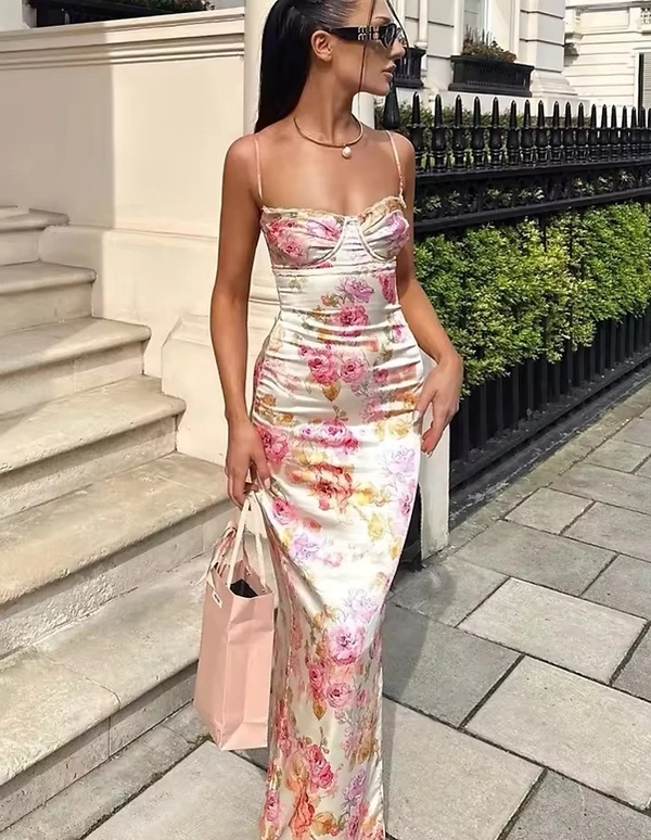 Multicolor Floral Print Bodycon Maxi Dress