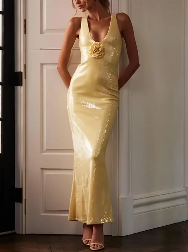 Yellow Sequin Floral V Neck Bodycon Maxi Dress