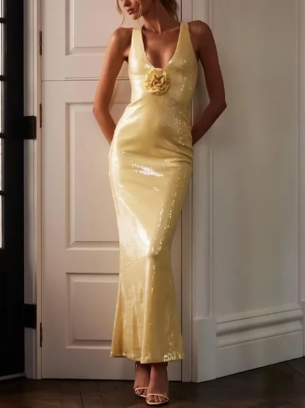 Yellow Sequin Floral V Neck Bodycon Maxi Dress