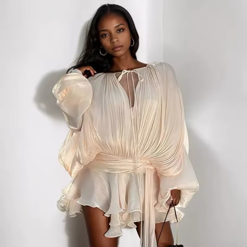 Long Sleeve Lace Tie Up Satin Silk Elegant Mini Dress