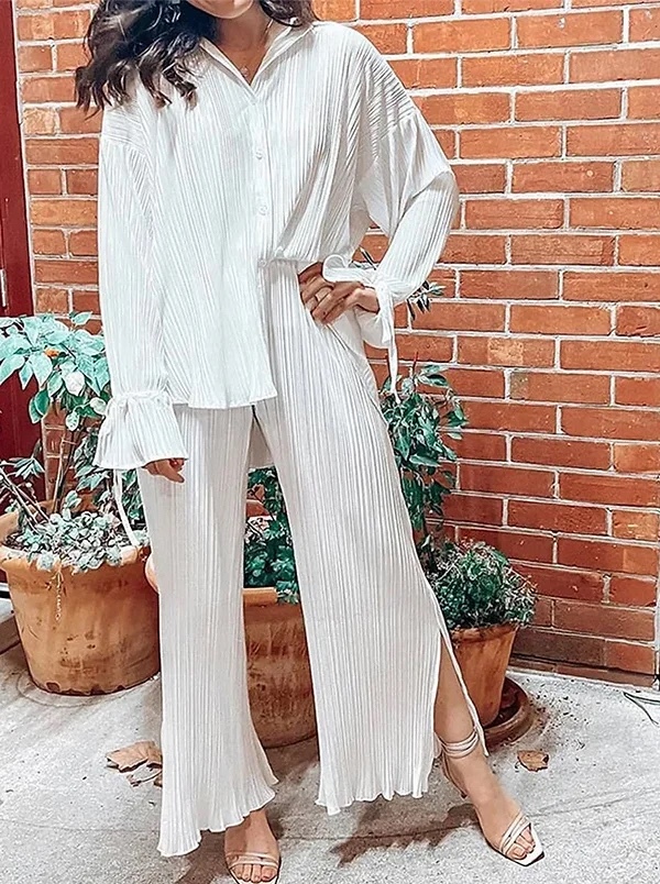 Pleated 2 Piece Set Long Sleeve Top & Wide Leg Pant