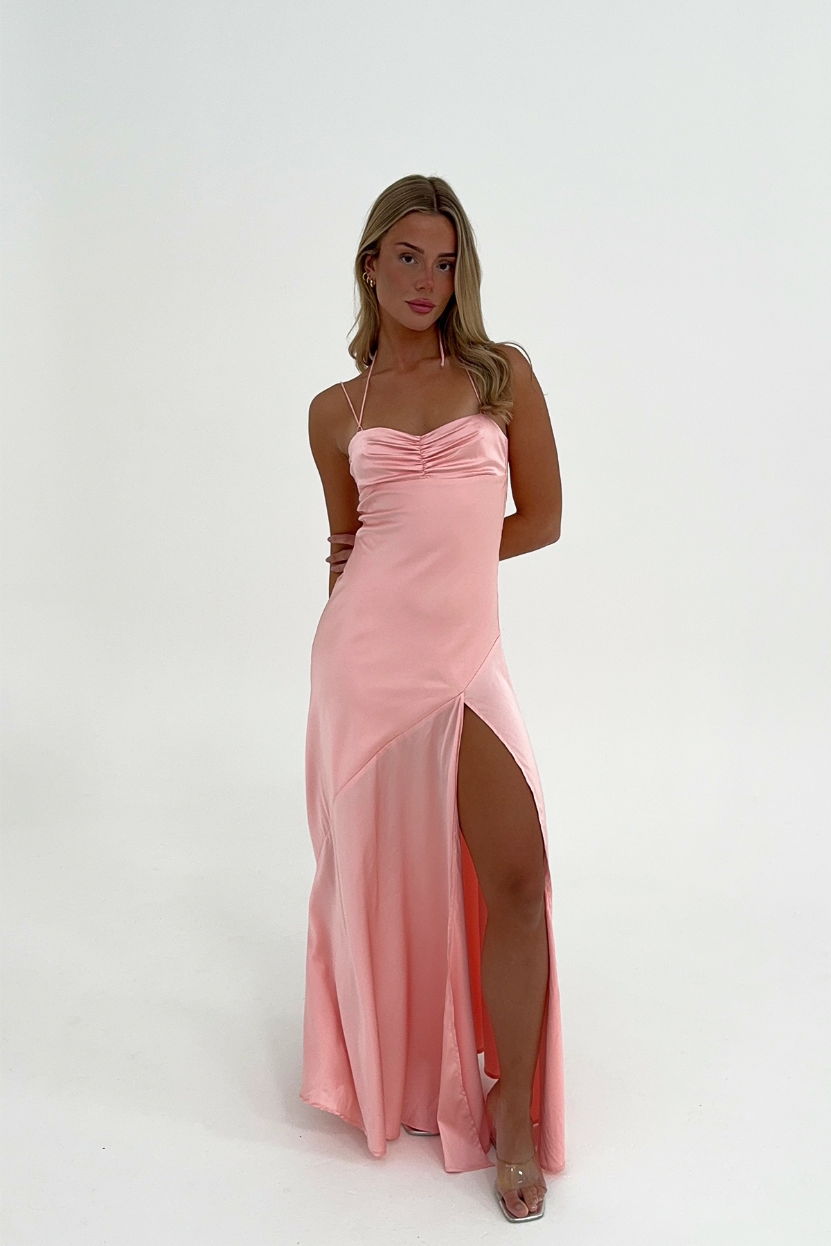 Pink Sleeveless Criss Cross Tie Up Backless Occasion Maxi Dress