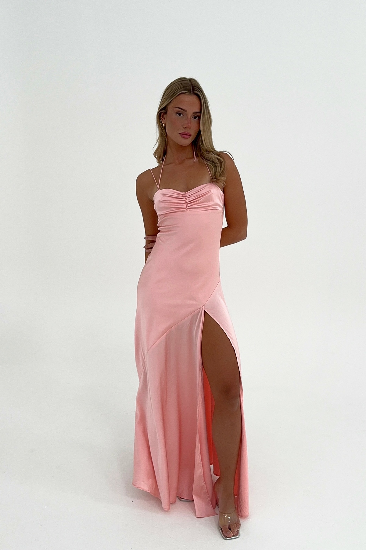 Pink Sleeveless Criss Cross Tie Up Backless Occasion Maxi Dress