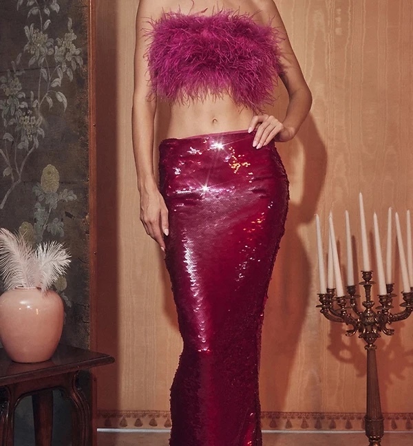 Pink Feather Detail Top & Sequin Maxi Skirt