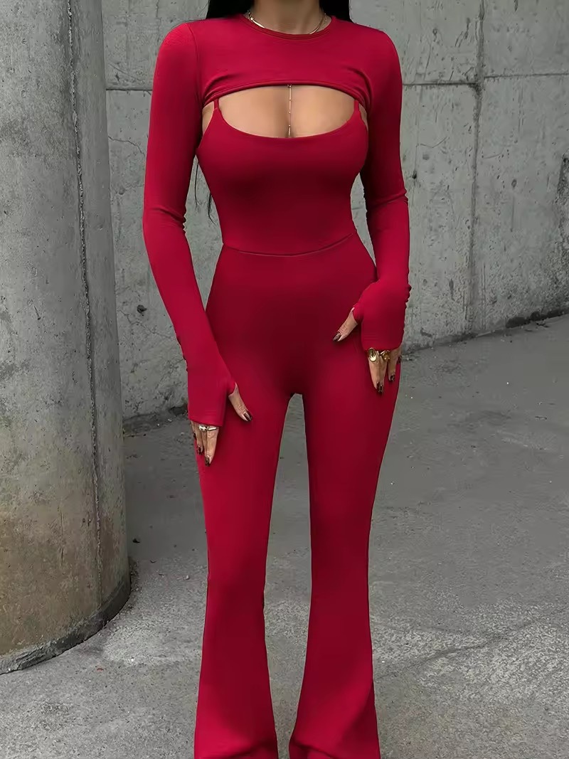 Long Sleeve Bodycon Flared Jumpsuit