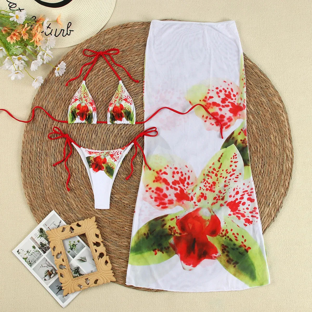 Floral Print 3 Piece Micro Bikini Set