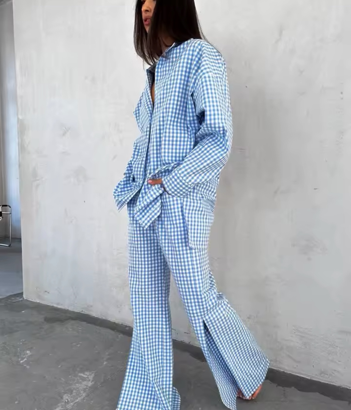 Striped Long Sleeve Shirt & Straight Leg Trousers Set