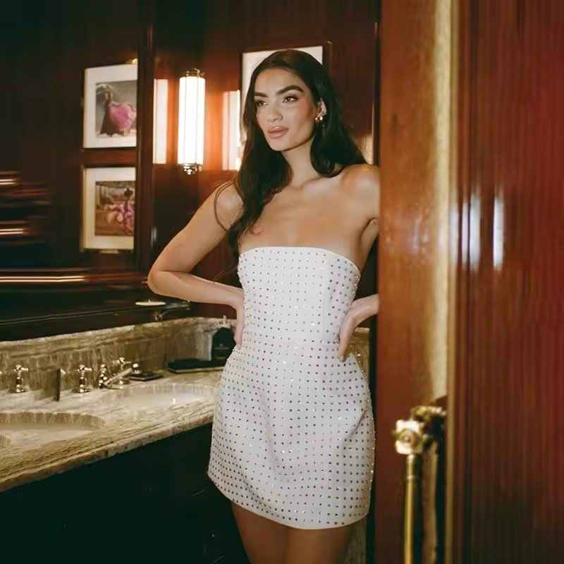 White Rhinestone Strapless Sequin Mini Dress