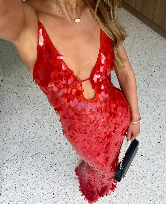 Red Sequin Mermaid V Neck Maxi Dress