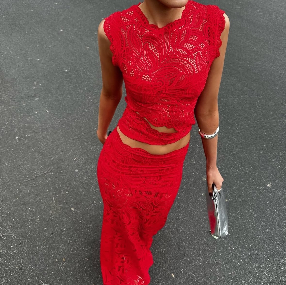 Red Lace Two Piece Top & Maxi Skirt Set