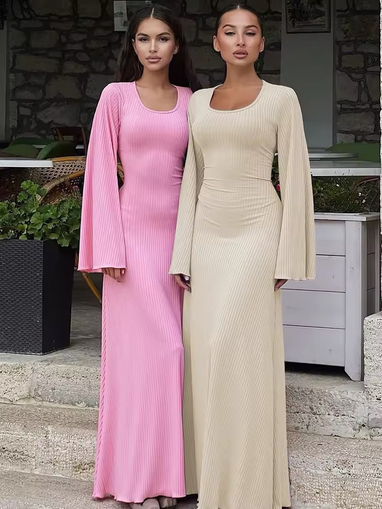 Flared Long Sleeve Lace Up Maxi Dress