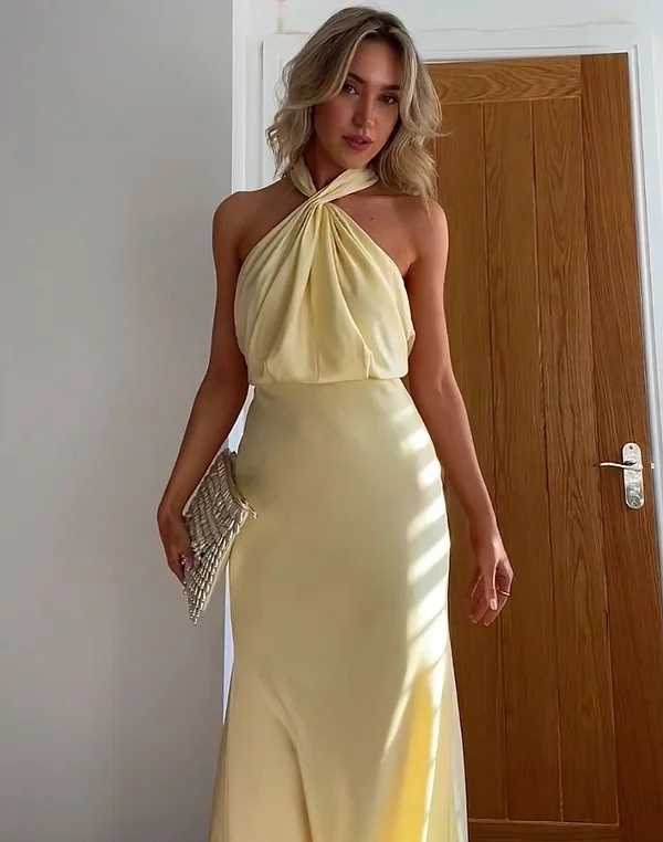 Yellow Gold Halter Neck Maxi Spring Summer Draping Dress