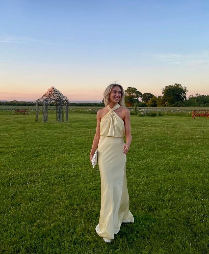 Yellow Halter Neck Maxi Spring Summer Draping Dress