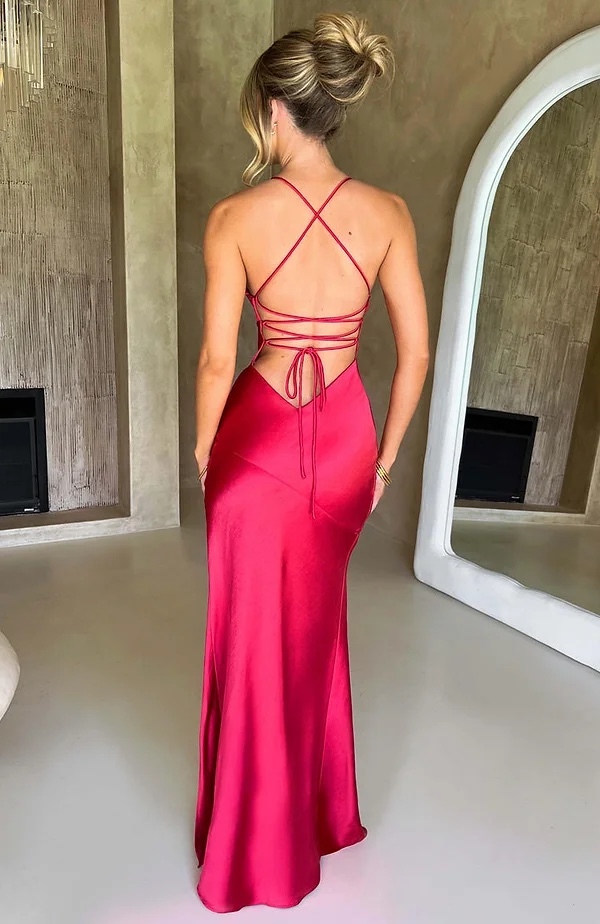 V Neck Backless Bodycon Tie Up Maxi Dress