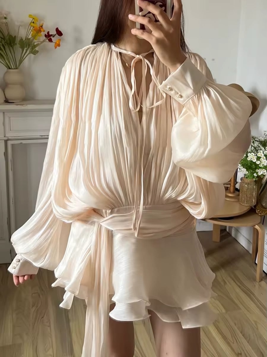 Long Sleeve Lace Tie Up Satin Silk Elegant Mini Dress