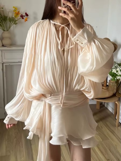 Long Sleeve Lace Tie Up Satin Silk Elegant Mini Dress