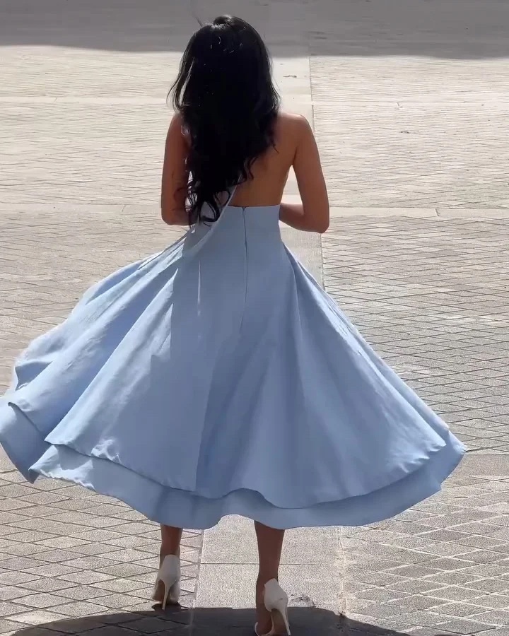 Blue Elegant Summer V Neck Sleeveless A Line Midi Dress