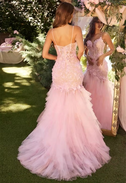 Pink Lace Layered Sleeveless Floor Length Prom Dress