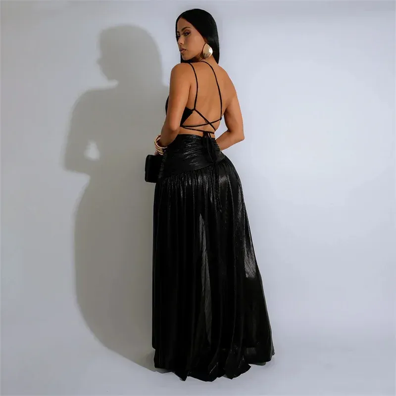 Metallic Cut Out Ruched Pleated High Split Maxi Dress