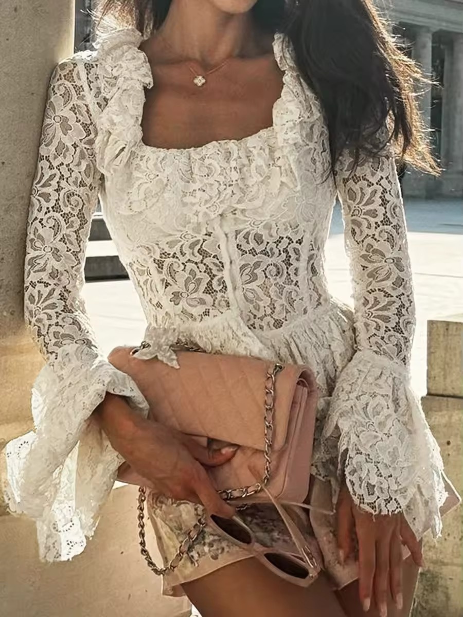 White Lace Long Sleeve Square Neck Top