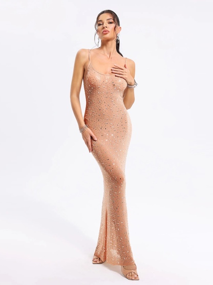 Rhinestone Diamond Spaghetti Strap Bodycon Maxi Dress