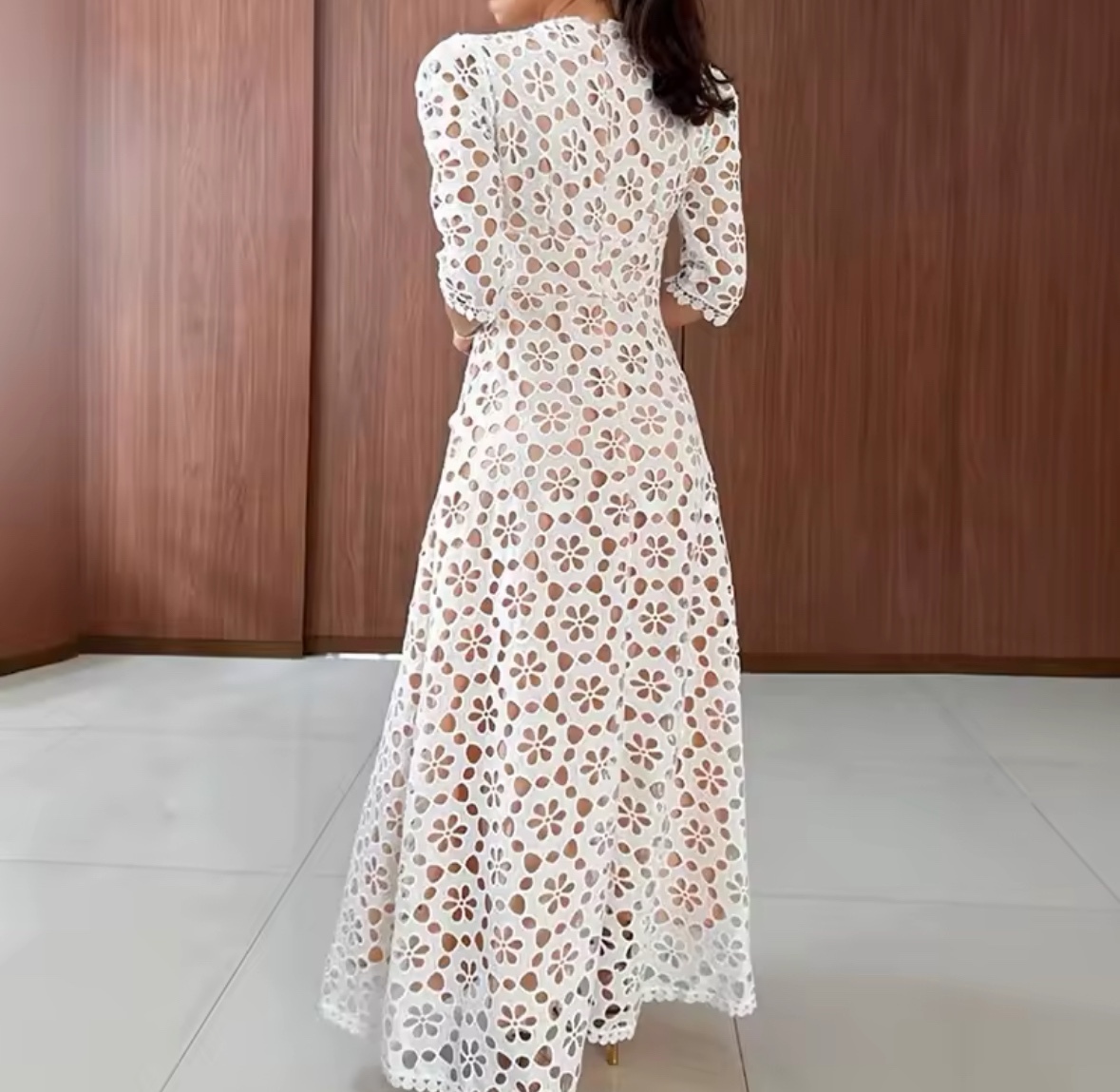 Crochet Patterned Short Sleeve A Line Summer Vacation Maxi Dress