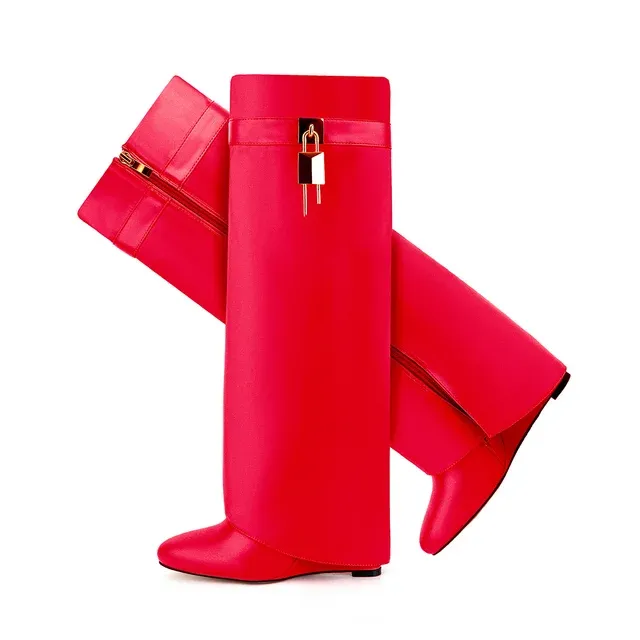 Lock Detail Fold Knee High Boots