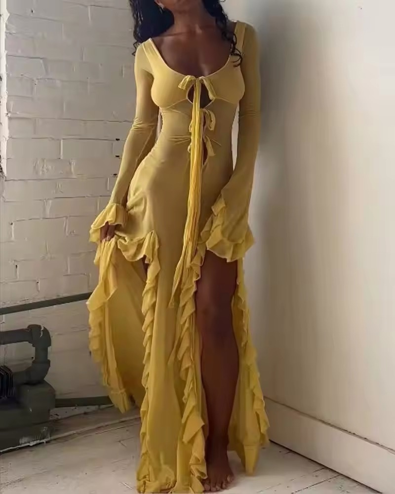 Ruffle Long Sleeve Thigh Slit Tie Up Maxi Dress