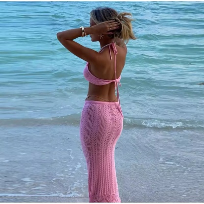 Pink Beachwear Two Piece Crochet Summer Top & Skirt Set