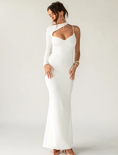White One Shoulder Backless Bodycon Maxi Dress
