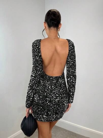 Black Sequin Glitter Open Back Mini Dress